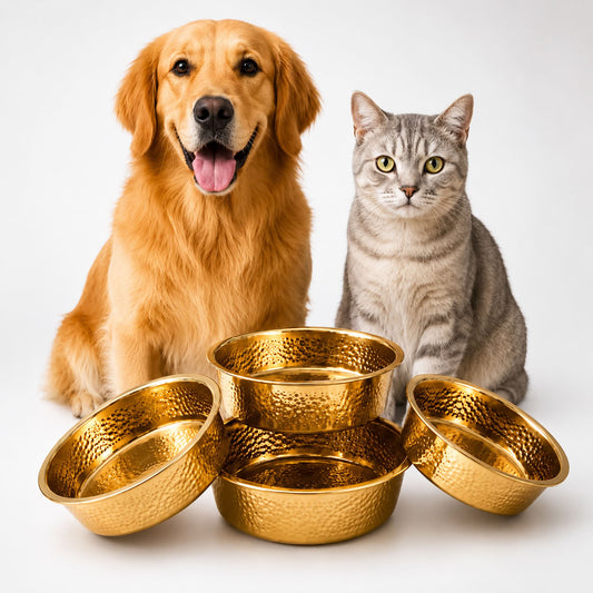 14 cm bakır renkli dövme dokulu metal kedi ve küçük ırk köpek mama-su kabı