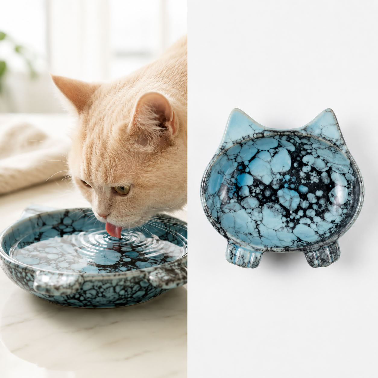Mavi Seramik Kedi Model Mama Su Kabı (Kutulu)