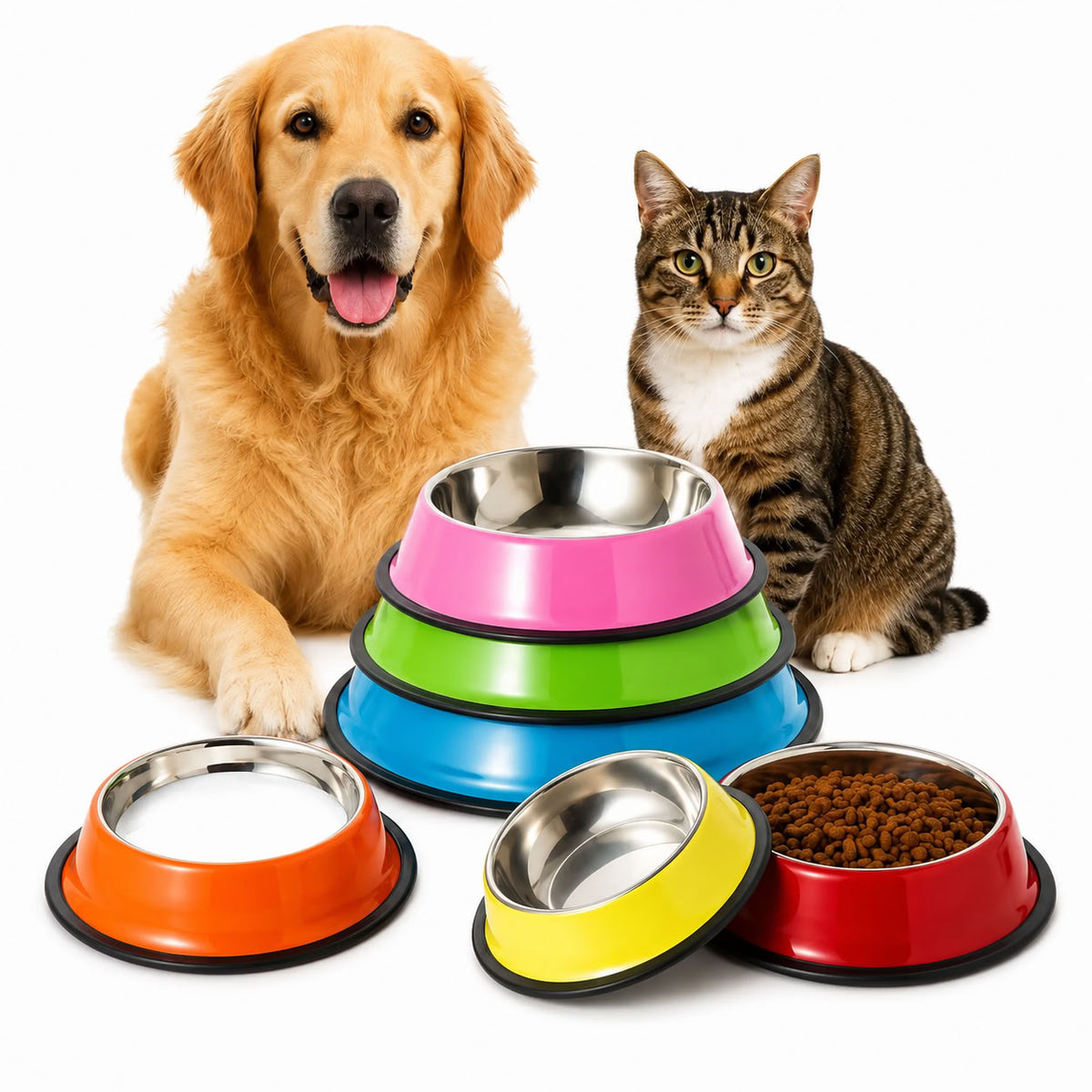 22 cm karışık renkli paslanmaz çelik kedi köpek mama ve su kapları, siyah taban halkalı
