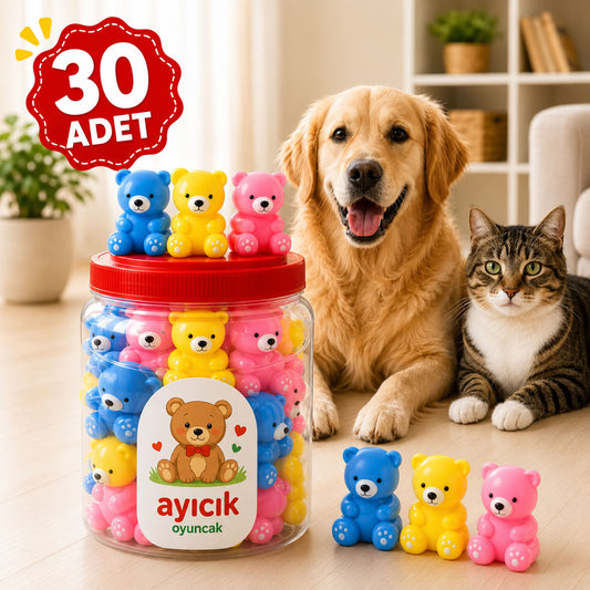 Ayıcık Model Sesli Plastik Kedi Köpek Oyuncağı (30 Adet Kutulu)