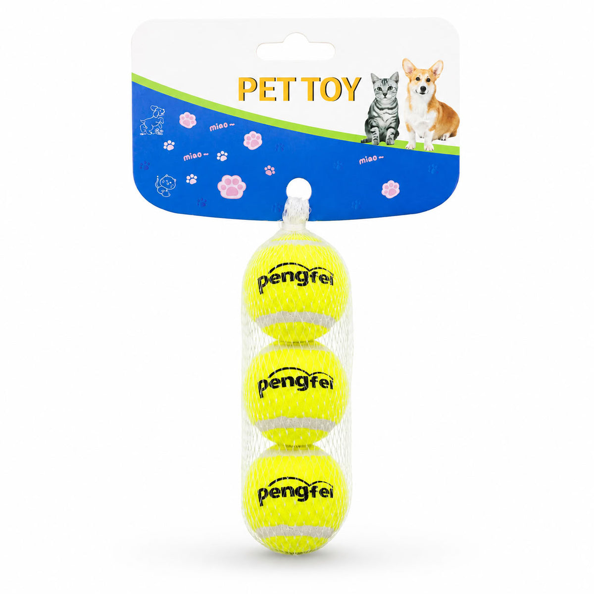 Fileli ambalaj içinde üç adet sarı küçük boy sert kedi tenis topu