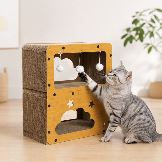 Ahşap çerçeveli iki bölmeli kedi tırmalama ve pelüş toplu oyun kutusu