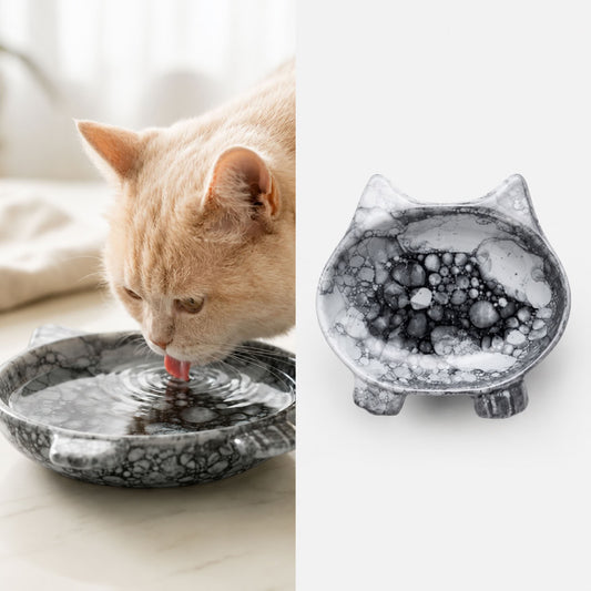 Beyaz siyah mermer desenli kedi başı şeklinde seramik kedi mama ve su kabı