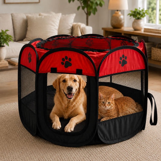 Kırmızı ve siyah büyük boy katlanabilir kedi köpek oyun parkı 91 × 58 cm