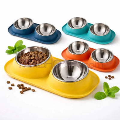 Eğimli Çelik Taslı İkili Kedi Köpek Mama ve Su Kabı Büyük