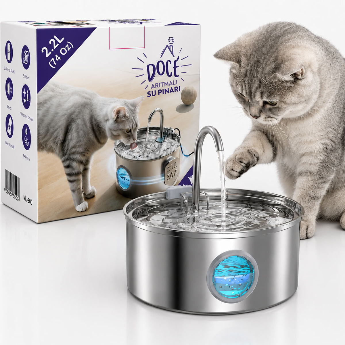 Doce 2,2 litre paslanmaz çelik filtreli arıtmalı otomatik kedi su pınarı 74 Oz