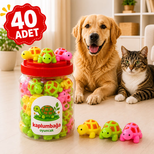 Sarı, yeşil ve pembe renkli 40 adet kaplumbağa model sesli plastik kedi ve köpek oyuncağı bulunan kavanoz