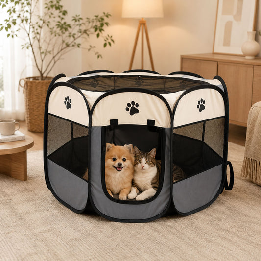 Beyaz katlanabilir sekizgen kedi köpek oyun parkı ve dinlenme alanı 75 × 43 cm