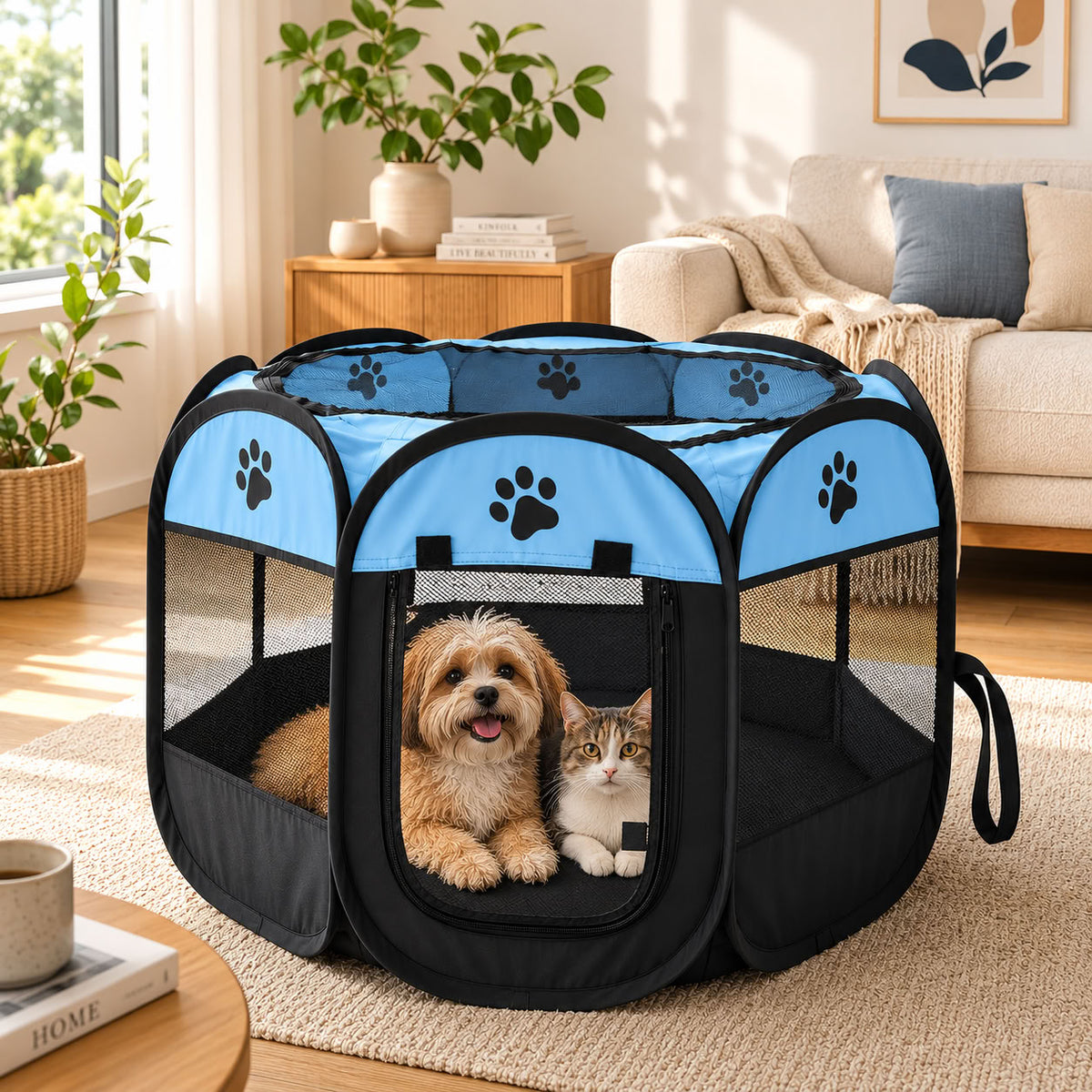 Mavi katlanabilir sekizgen kedi ve köpek yaşam alanı 75 × 43 cm