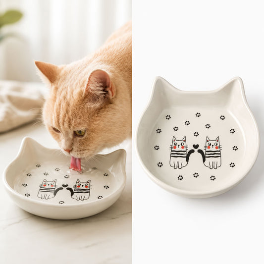 Kedi başı biçiminde, krem renkli, içerisinde iki kedi figürü ve pati desenleri bulunan seramik mama ve su kabı
