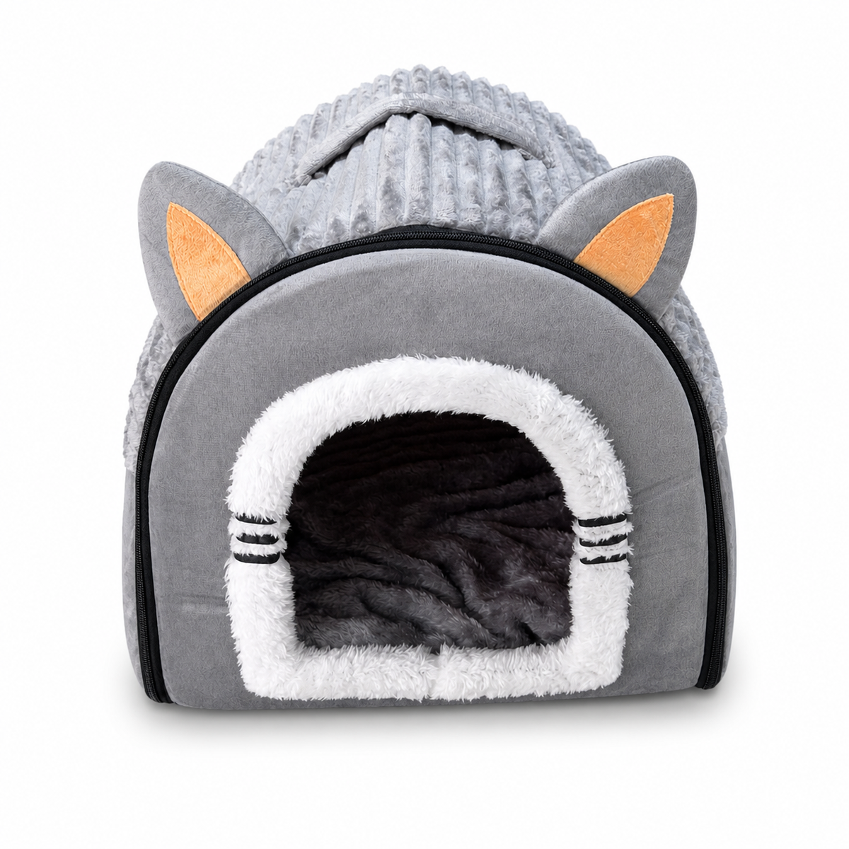 Geniş girişli, kulak detaylı ve yataklı yapıya sahip 54×45×45 cm büyük boy kedi köpek evi