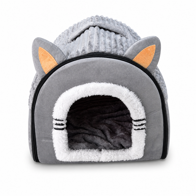 Geniş girişli, kulak detaylı ve yataklı yapıya sahip 54×45×45 cm büyük boy kedi köpek evi