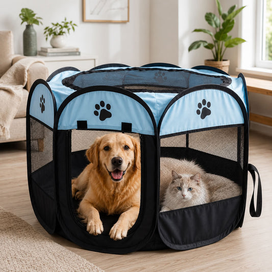 Açık mavi ve siyah büyük boy kedi köpek yaşam çadırı ve oyun parkı 91 × 58 cm