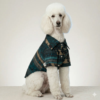 Retro Desenli Dokuma Gömlek Petrol Mavisi Toptan Köpek Kıyafetleri 5 Beden Set Köpek Gömleği