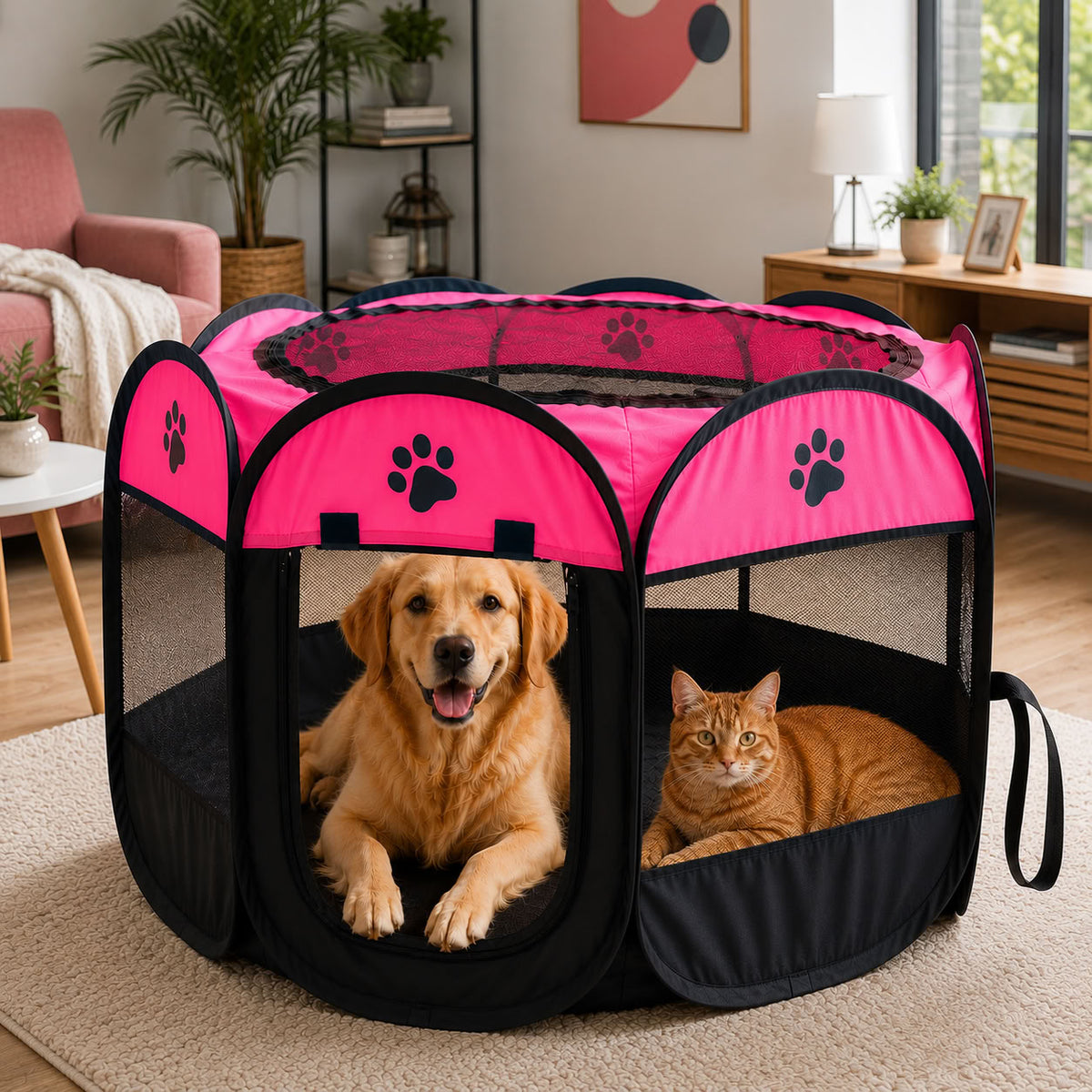 Pembe ve siyah büyük boy kedi köpek dinlenme alanı ve oyun parkı 91 × 58 cm