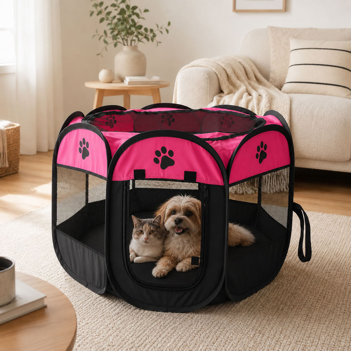 Pembe ve siyah katlanabilir kedi köpek oyun parkı ve dinlenme alanı 75 × 43 cm