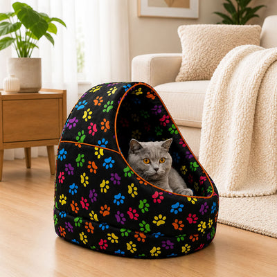 Geniş girişli, kapalı tasarıma ve pati desenli yüzeye sahip 40×50×38 cm Pet Craft kedi köpek yuvası