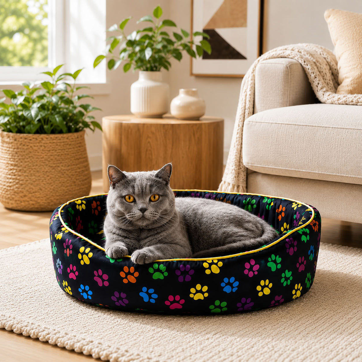 Yükseltilmiş çevre kenarlarına ve pati desenli yüzeye sahip 50×50 cm Pet Craft simit kedi köpek yatağı
