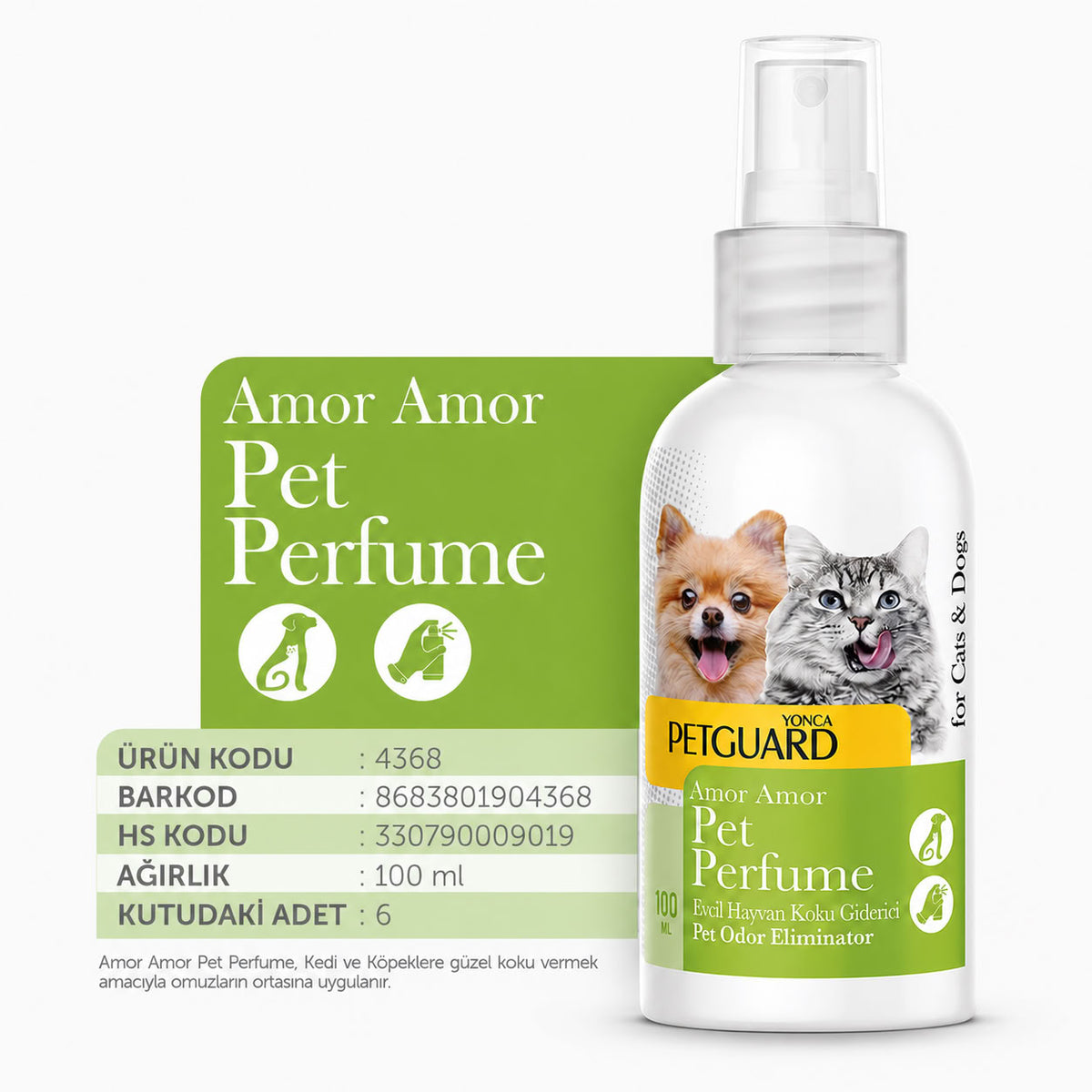 Petguard Amor Amor kedi köpek parfümü 100 ml 6 adet evcil hayvan koku giderici sprey