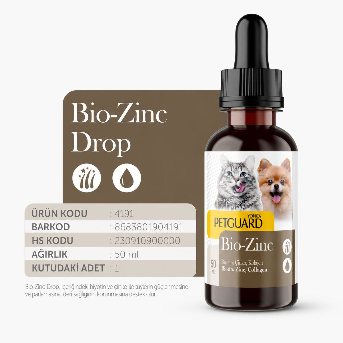 Petguard Bio-Zinc 50 ml biyotin çinko ve kolajen içeren kedi köpek deri ve tüy destek damlası