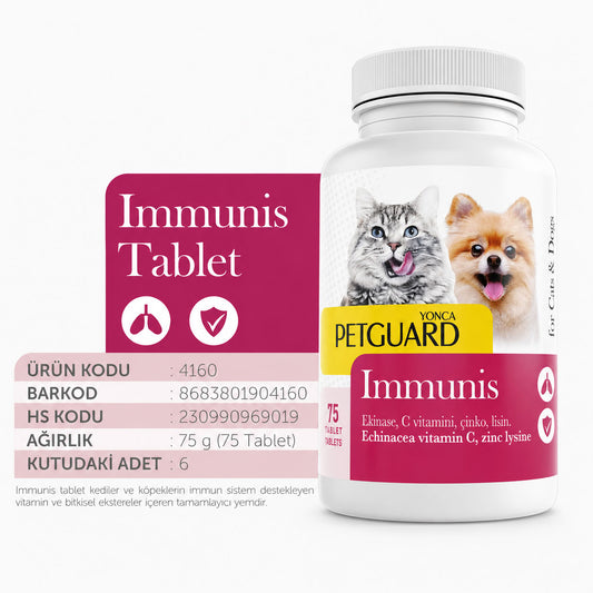 Petguard Immunis 75 tablet ekinezya C vitamini çinko ve lizin içeren kedi köpek bağışıklık destek ürünü