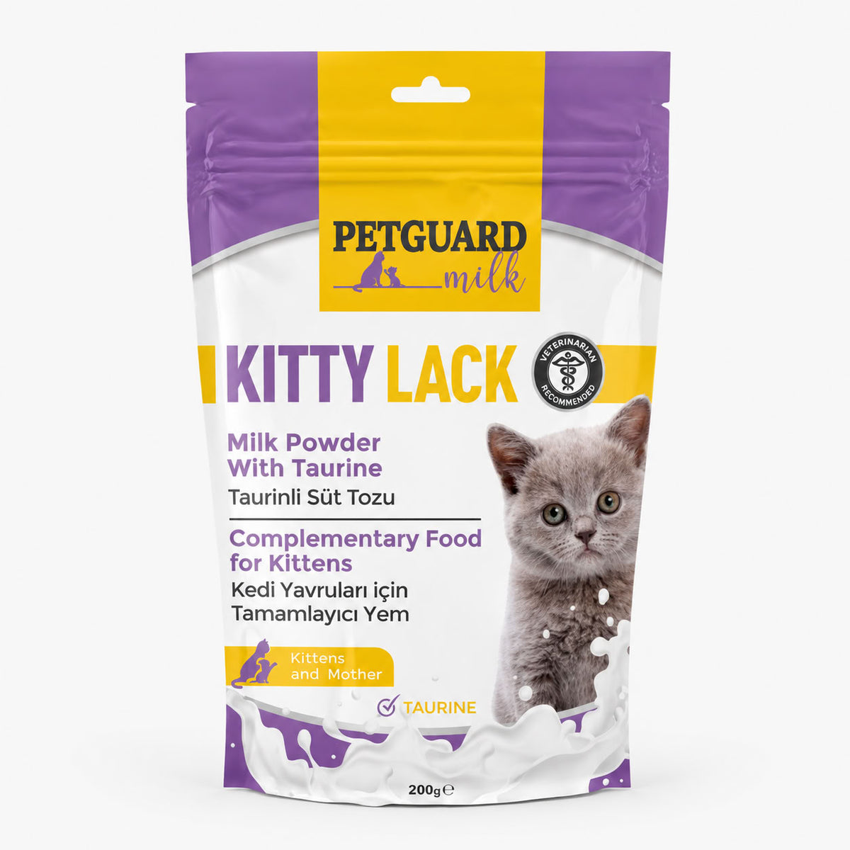 Petguard Kitty Lack 200 gr taurinli yavru kedi süt tozu tamamlayıcı yem ambalajı