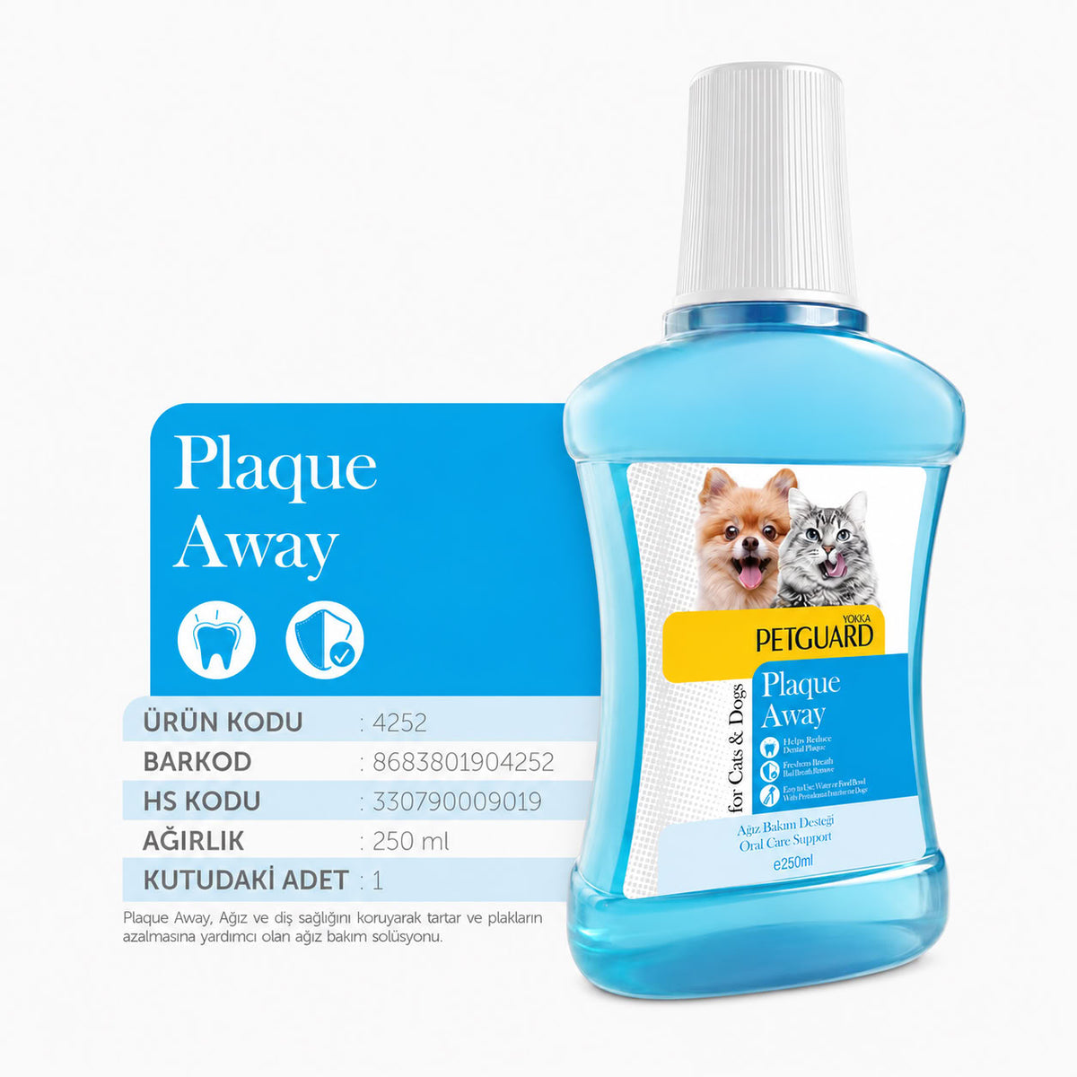 Petguard Plaque Away 250 ml kedi ve köpek plak tartar destekli ağız bakım losyonu
