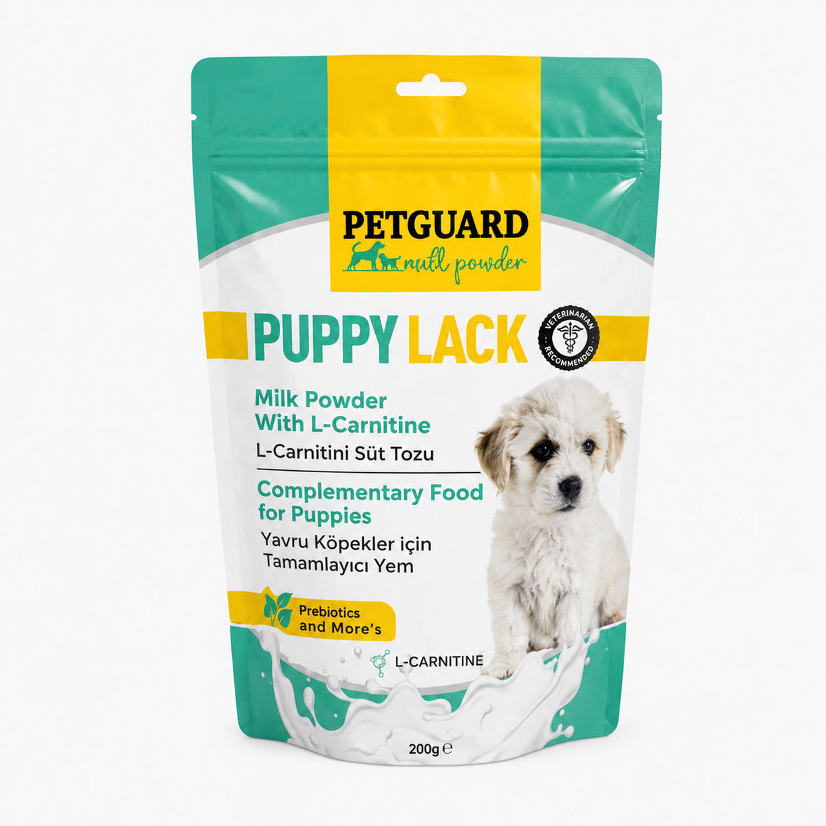 Petguard Puppy Lack 200 gr L-Carnitinli yavru köpek süt tozu tamamlayıcı yem ambalajı
