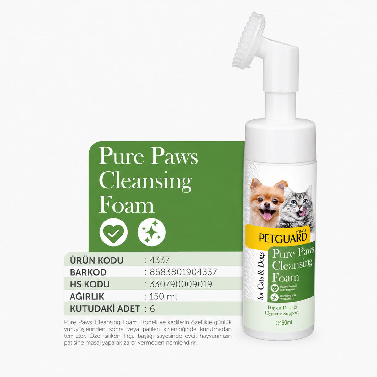 Petguard Pure Paws 150 ml silikon fırçalı kedi köpek pati temizleme köpüğü