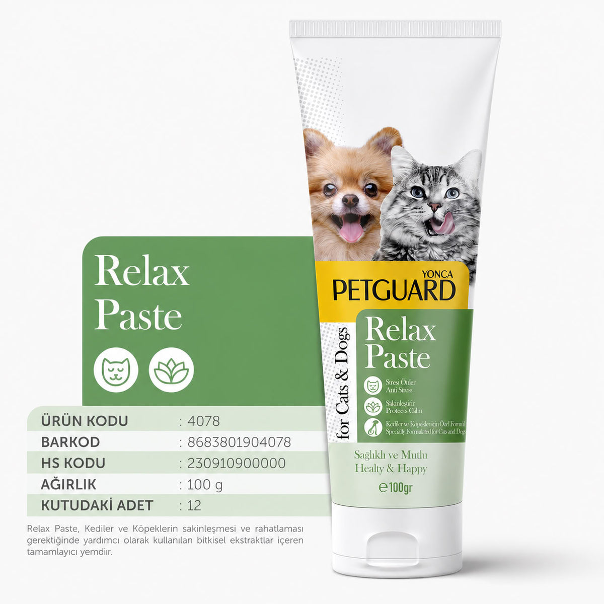 Petguard Relax Paste 100 gr bitkisel ekstraktlı kedi köpek sakinleşme ve rahatlama destek macunu
