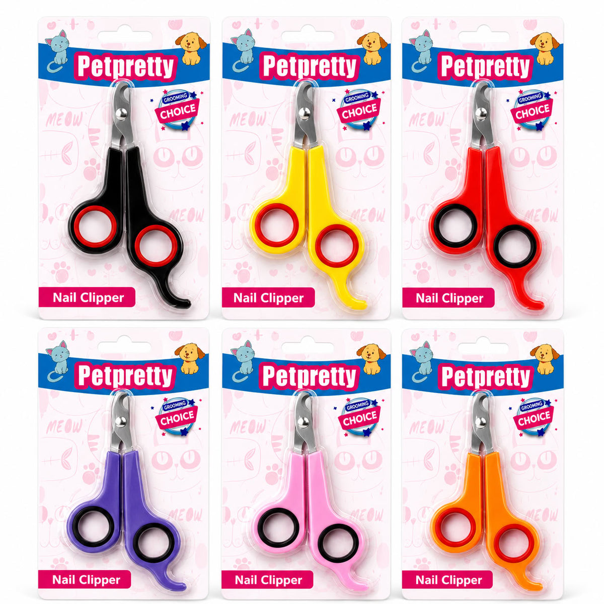 Siyah, sarı, kırmızı, mor, pembe ve turuncu sap seçenekleri bulunan Petpretty kedi ve köpek tırnak makası