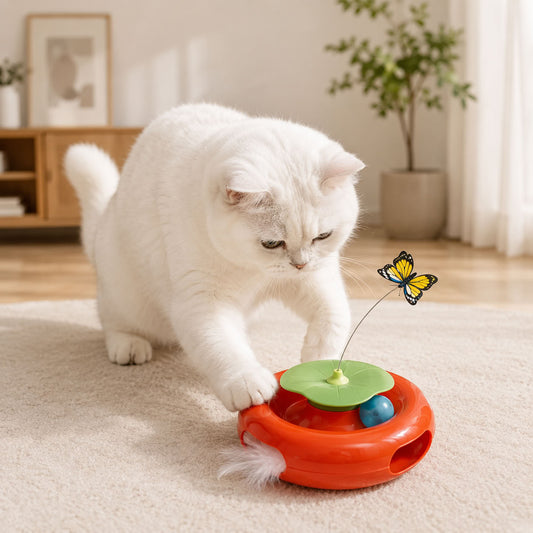 Turuncu top parkurlu ve pilli dönen kelebekli büyük boy interaktif kedi oyuncağı