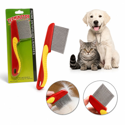 Kırmızı sarı saplı ve sık metal dişli kedi köpek bit pire tarağı