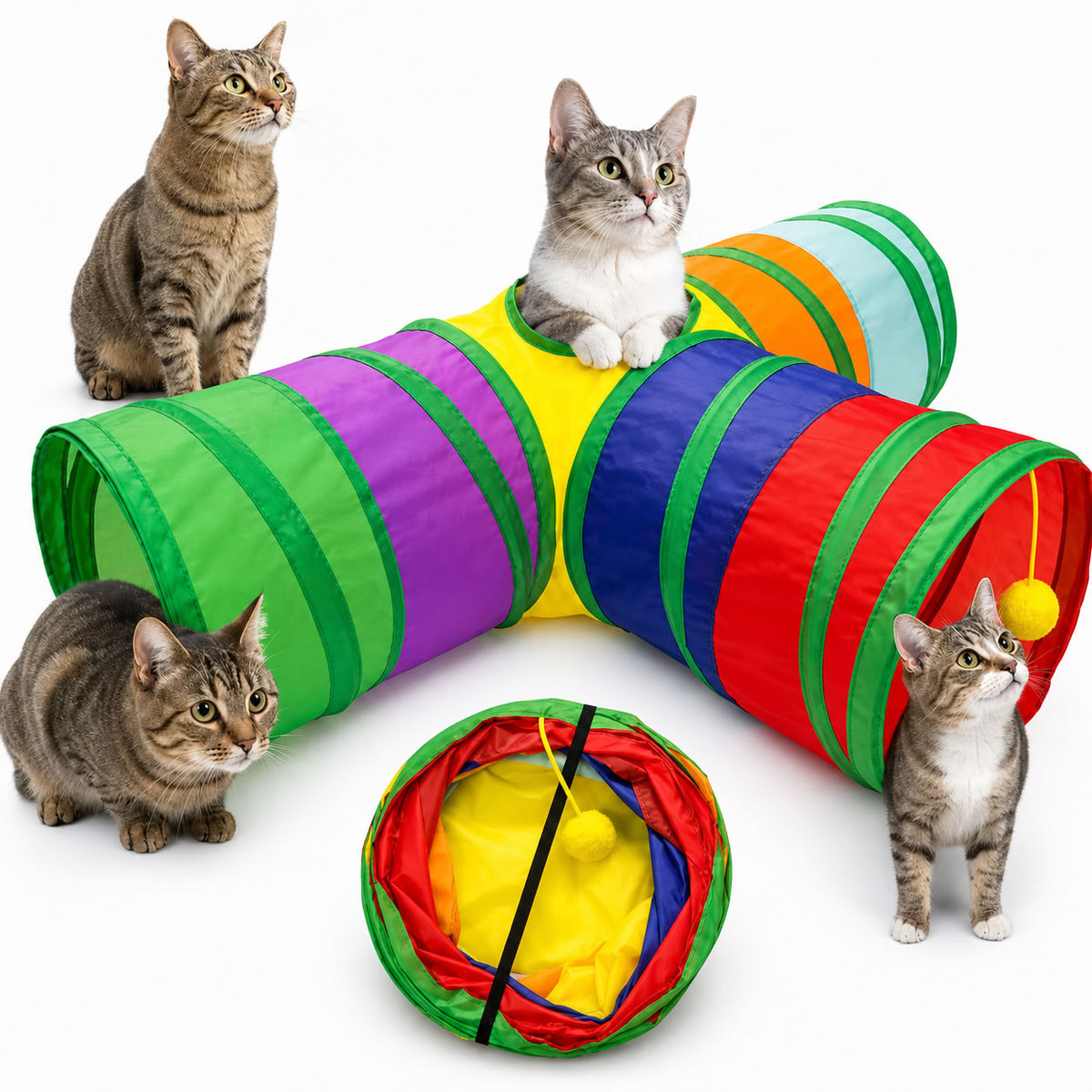 Karışık renkli, üç kollu ve askılı toplara sahip T model katlanabilir kedi oyun tüneli 85 × 50 cm