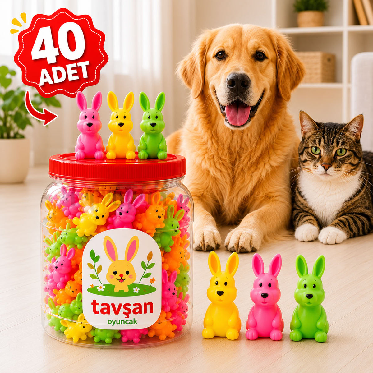 Sarı, pembe, yeşil ve turuncu renkli 40 adet tavşan model sesli plastik kedi ve köpek oyuncağı bulunan kavanoz