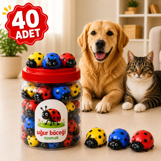 Kırmızı, mavi ve sarı renkli 40 adet uğur böceği model sesli plastik kedi ve köpek oyuncağı bulunan kavanoz