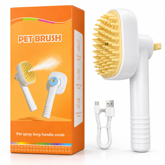 Beyaz sarı renkli USB şarjlı spreyli kedi köpek tarağı ve şarj kablosu
