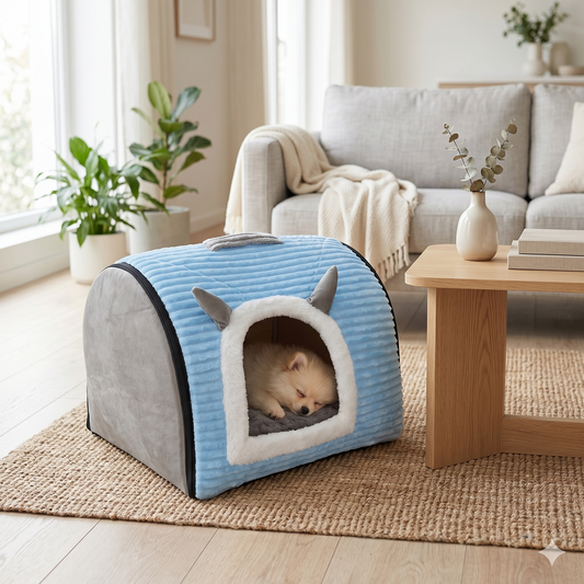 Geniş girişli, yumuşak iç yataklı ve kapalı yapıya sahip 54×45×45 cm büyük boy kedi evi