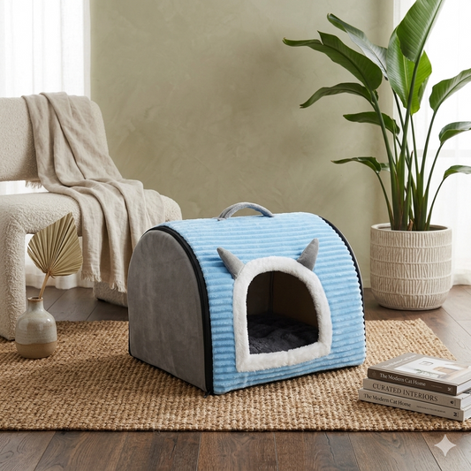 Geniş girişli, yumuşak iç yataklı ve kapalı yapıya sahip 54×45×45 cm büyük boy kedi evi