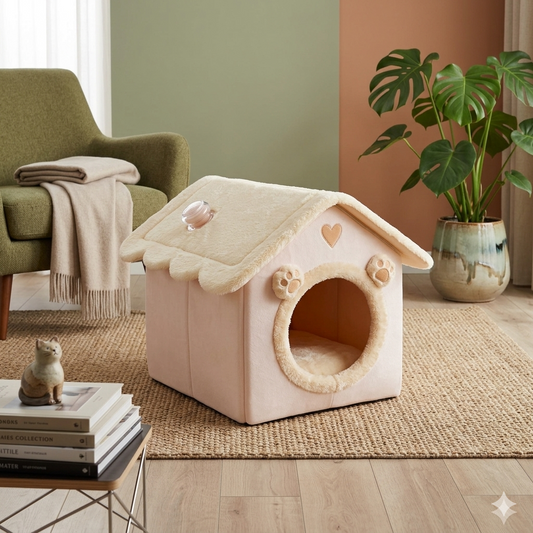 Geniş yuvarlak girişli, yumuşak iç yataklı ve kapalı yapıya sahip 54×45×45 cm büyük boy kedi köpek evi