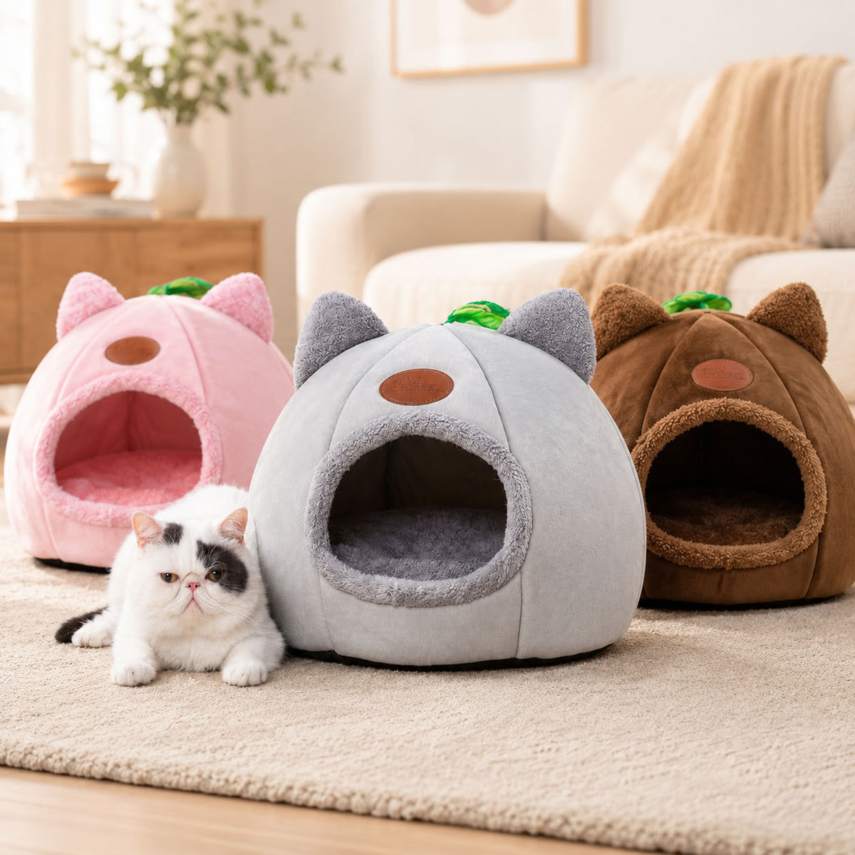 Pembe gri ve kahverengi mağara tipi yataklı küçük boy kedi köpek evleri