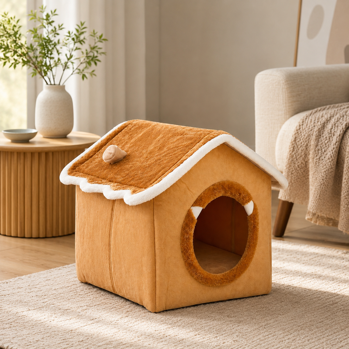Geniş yuvarlak girişli ve yumuşak iç bölümlü 38×36×34 cm yataklı orta boy kedi köpek evi