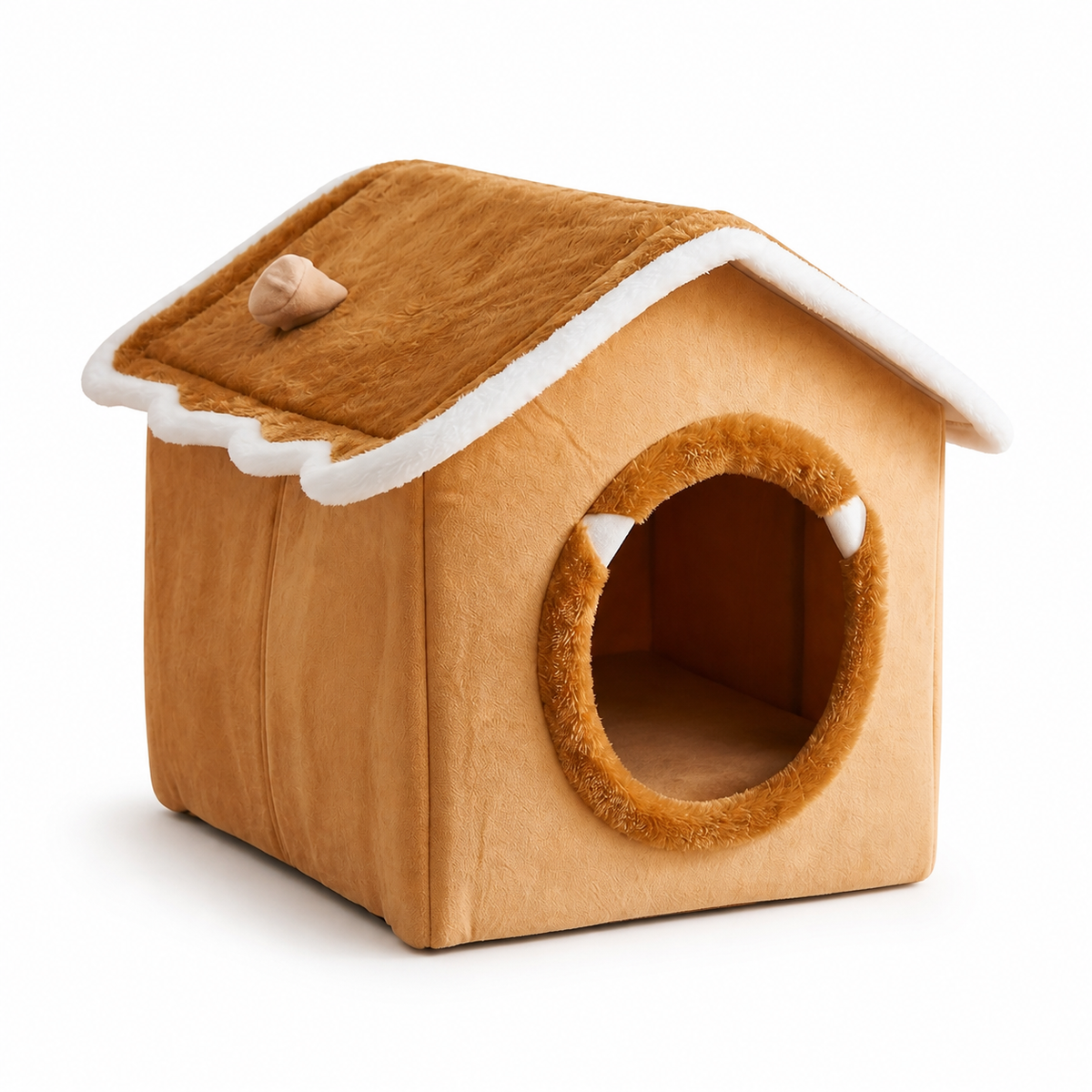 Geniş yuvarlak girişli ve yumuşak iç bölümlü 38×36×34 cm yataklı orta boy kedi köpek evi