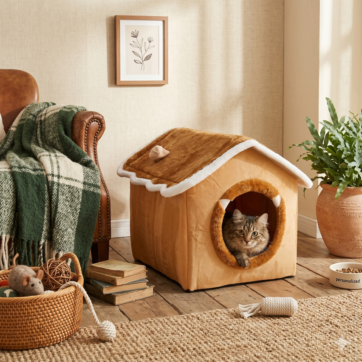 Geniş yuvarlak girişli ve yumuşak iç bölümlü 38×36×34 cm yataklı orta boy kedi köpek evi