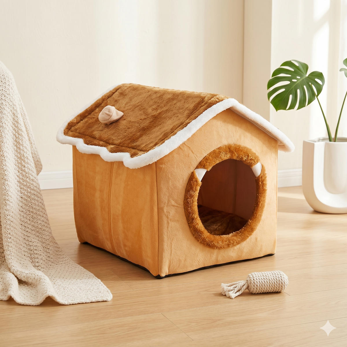 Geniş yuvarlak girişli, yataklı ve kapalı yapıya sahip 54×45×45 cm orta boy kedi köpek evi