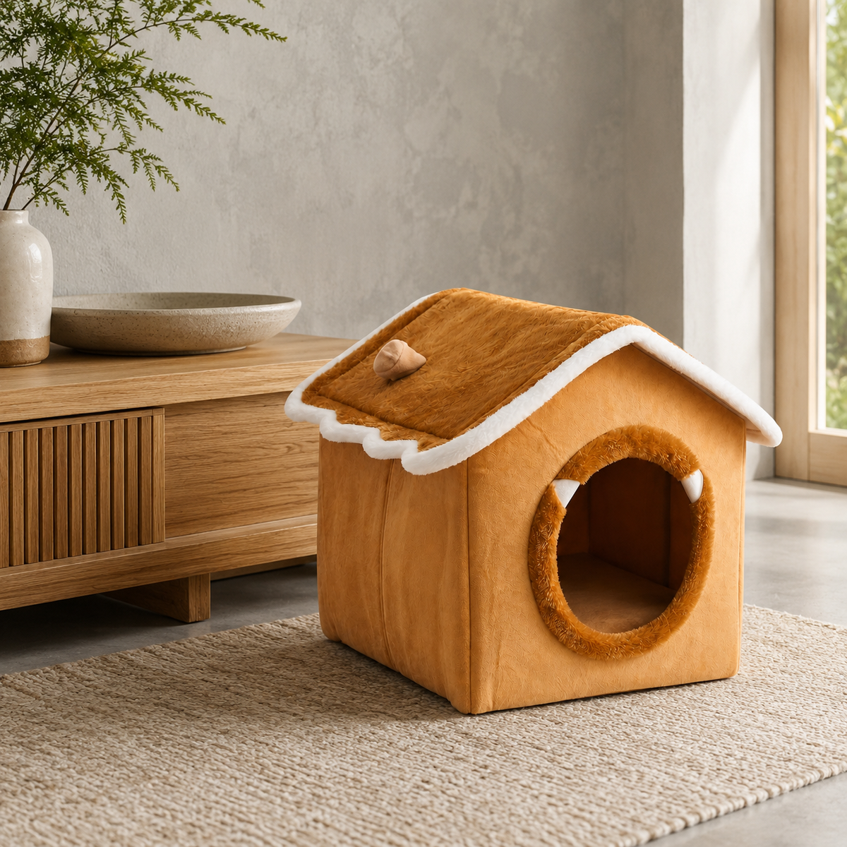 Geniş yuvarlak girişli, yataklı ve kapalı yapıya sahip 54×45×45 cm orta boy kedi köpek evi